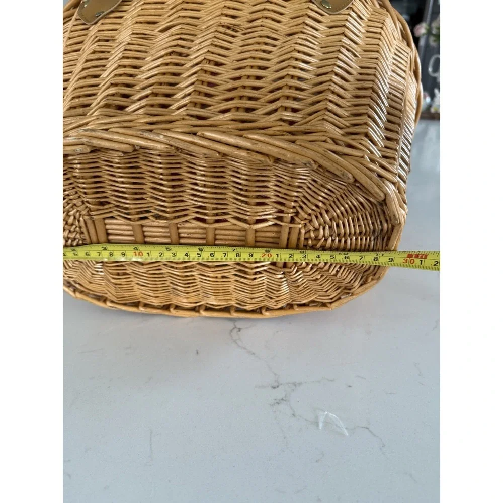 Vintage Woven Cane Oval Basket Apple Vinyl Liner Faux Leather Handles 90's EUC